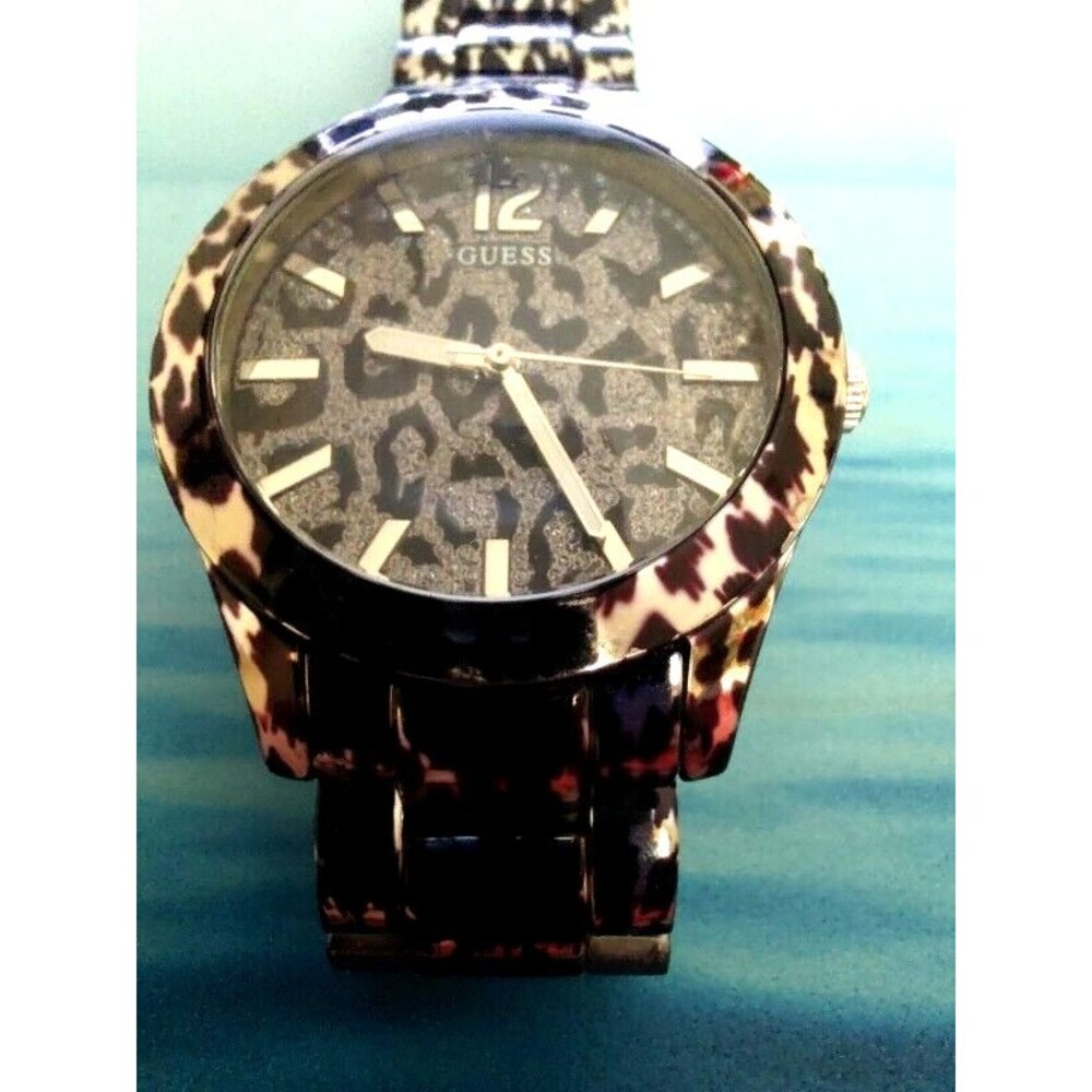 Women's Guess Steel Leopard Silver Black Watch with Crystal Accents W0001L1